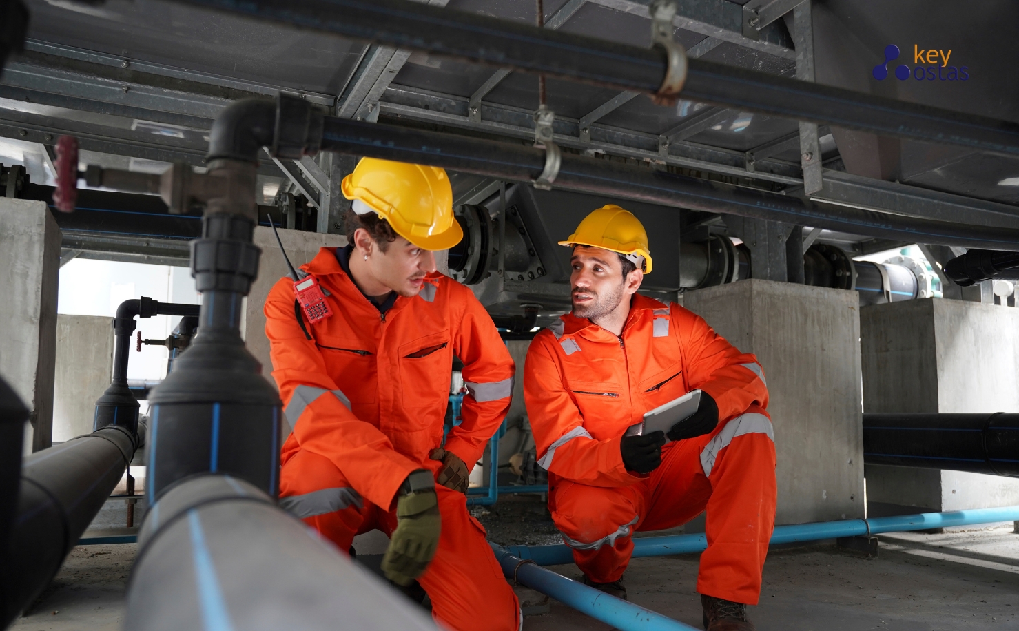 two construction workers in confined space