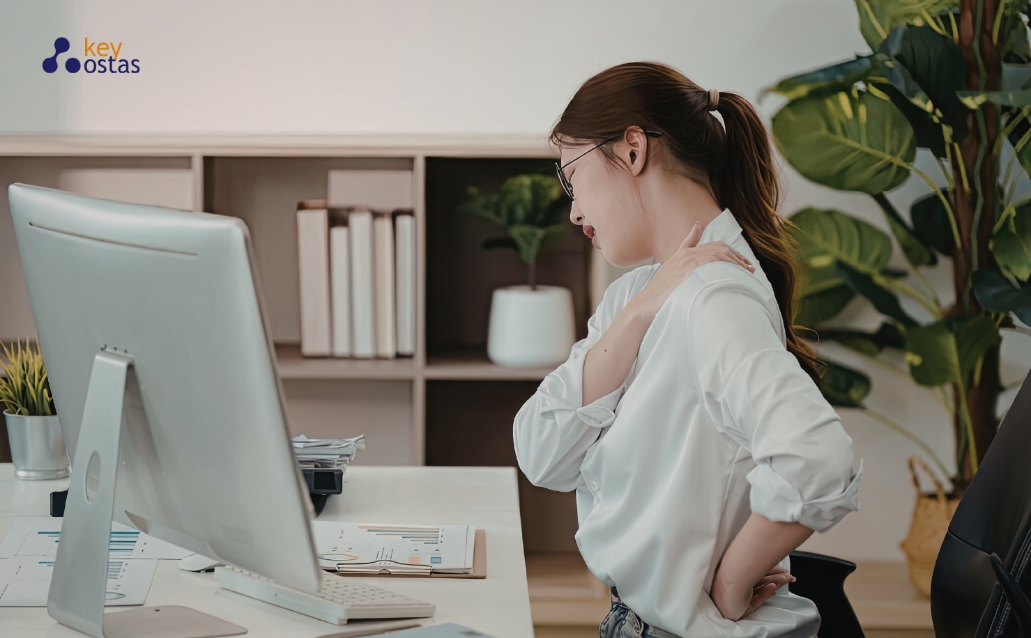 female office worker sitting at desk with bad back