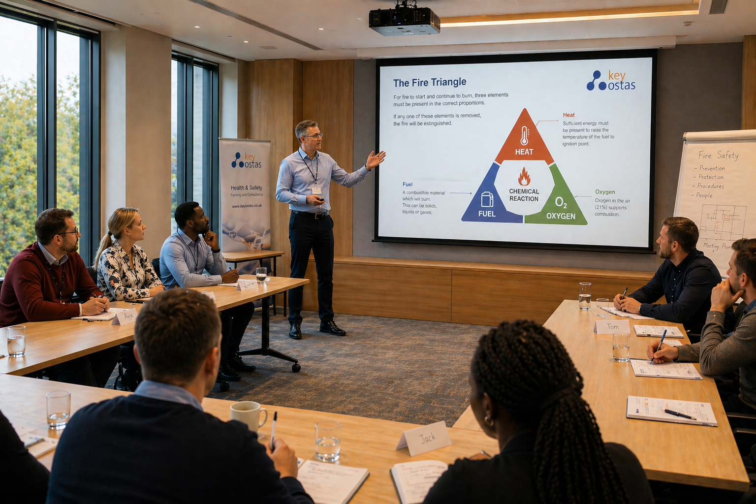 NEBOSH Fire Safety Certificate classroom training with KeyOstas — instructor explaining the Fire Triangle (heat, fuel, oxygen) to delegates