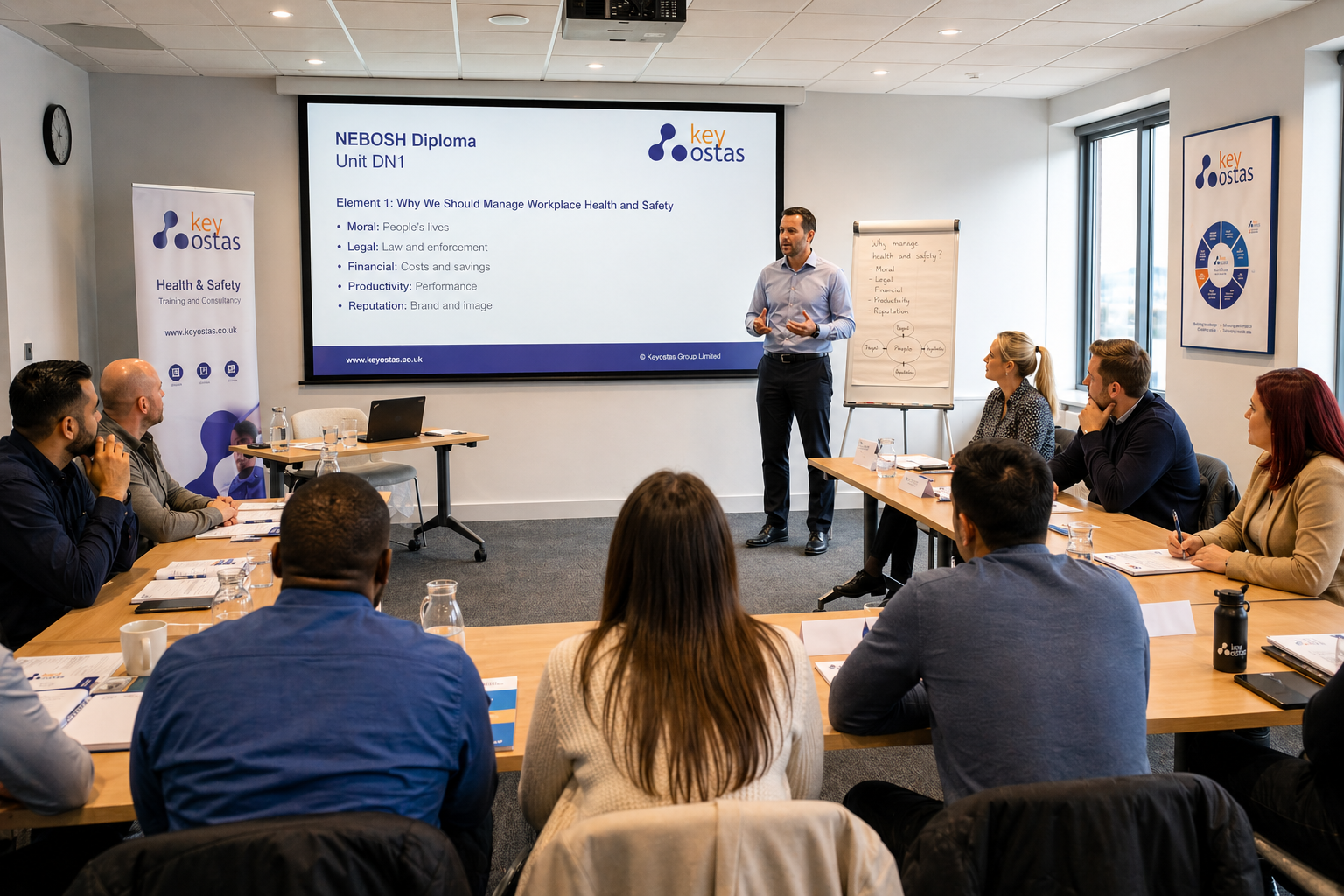 KeyOstas instructor delivering NEBOSH Diploma Unit DN1 to a classroom of health and safety professionals