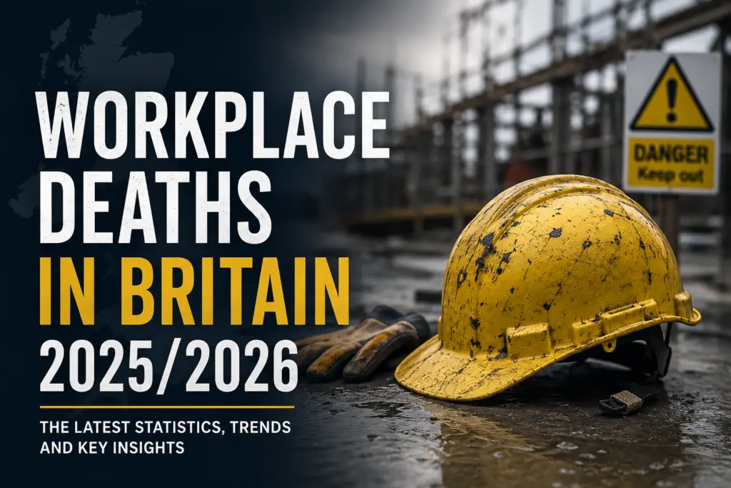 Workplace Deaths in Britain 2025/26 cover graphic: a yellow safety helmet beside a danger warning sign on a construction site